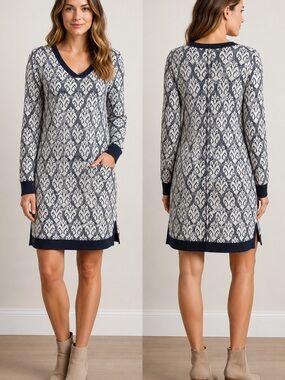 Hatley Navy & Cream Sweater Dress XS Long Sleeve V Neck Knit Side Slit